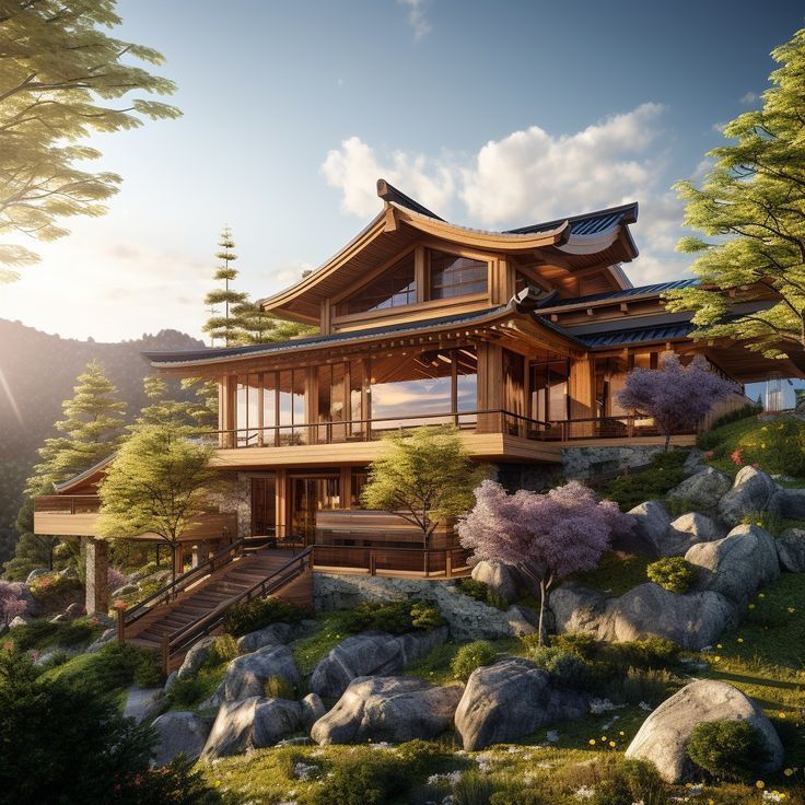 Asian Inspired House Exterior, Japanese Style Home Exterior, Japan Modern House Japanese Style, Japanese Mansion Modern, Japanese Style House Exterior, Japanese Modern House Exterior, Naruto Landscape, Japan House Modern, Traditional Japanese Mansion