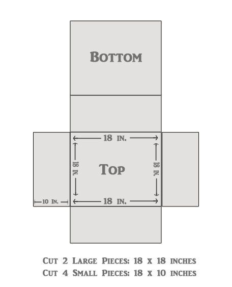 the top and bottom section of a box with measurements for each piece, including two sides