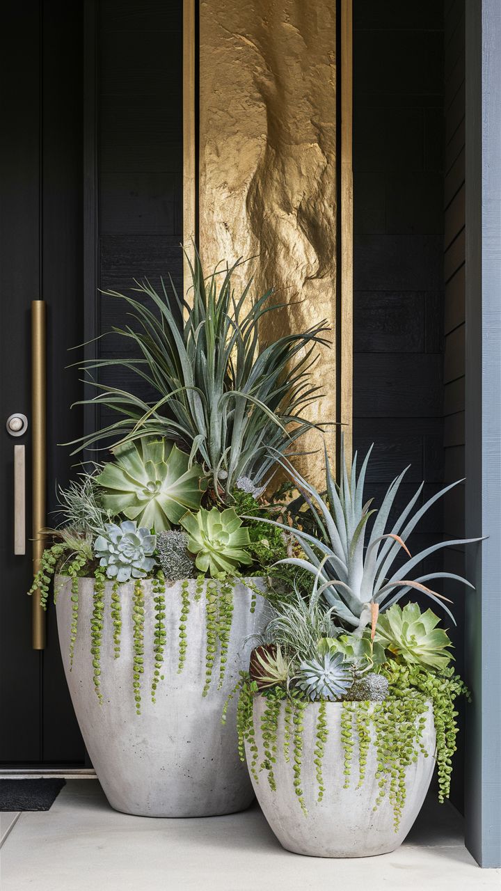 two cement planters with succulents in front of a door