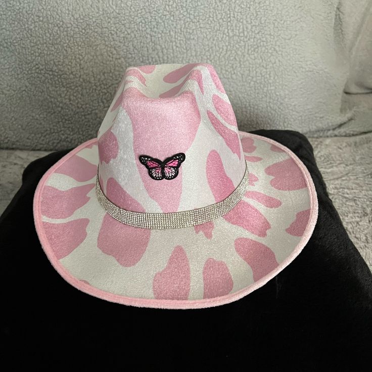 Pink Cow Print Cowgirl Hat, Handmade And Never Worn! Trendy Pink Brimmed Hat, Trendy Festival Mini Hats, Trendy White Sun Hat For Festival, Trendy Pink Brimmed Mini Hats, Trendy Pink Sun Hat, Trendy Pink Wide Brim Sun Hat, Trendy Wide Brim Pink Sun Hat, Trendy White Adjustable Sun Hat, Trendy Pink Wide Brim Mini Hat