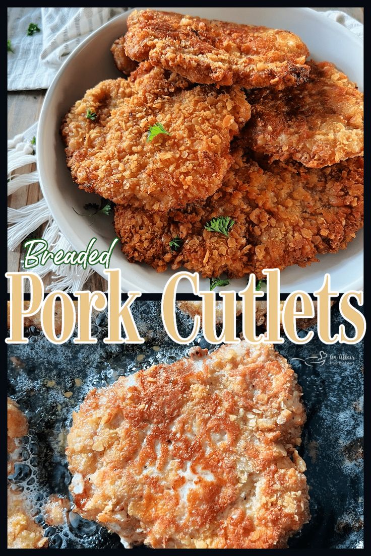 fried pork cutlets in a white bowl with parsley on top and the words, breaded pork cutlets