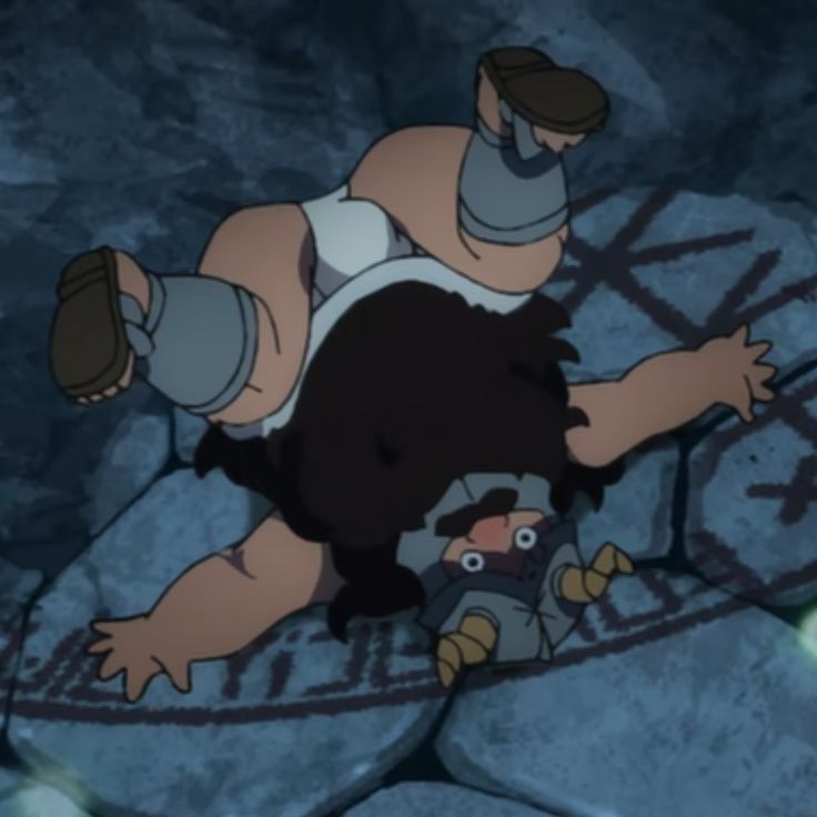 a cartoon character laying on top of a rock next to another character in the background