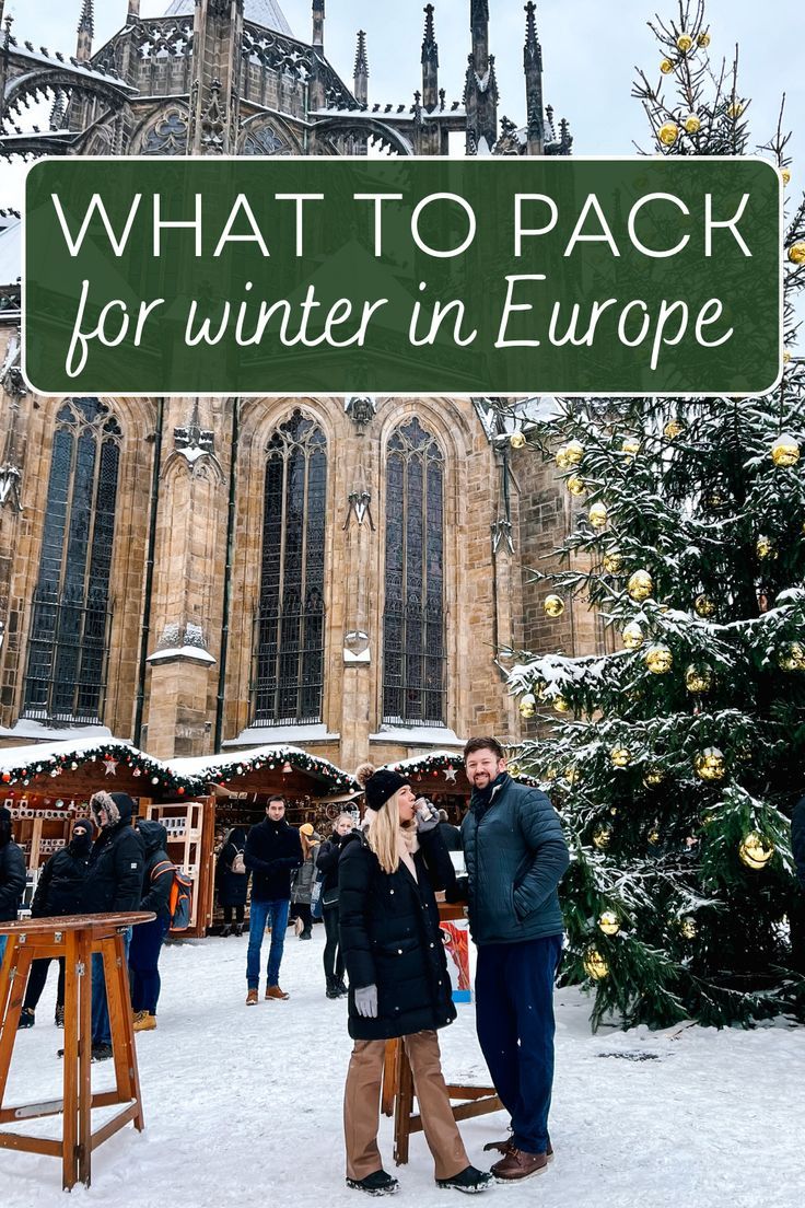 two people standing in front of a christmas tree with the words what to pack for winter in europe