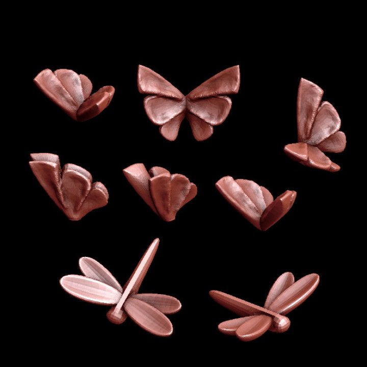 copper butterflies and dragonflys on a black background