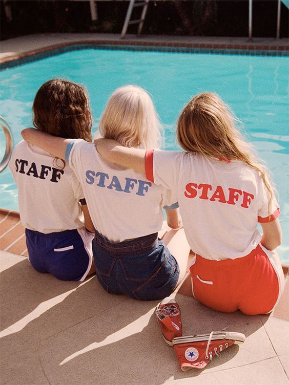 Summer camp fashion 70s inspired | Staff ringer tees | Girlfriend is Better 70s Summer Camp, 80s Summer Camp, Camp Counselor Aesthetic, Vintage Summer Camp, 1980s Summer, Summer Camp Vibes, Summer Camp Aesthetic, Summer Camp Counselor, Slasher Summer