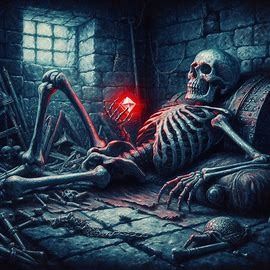 a skeleton laying on the ground next to a red light in a room with brick walls