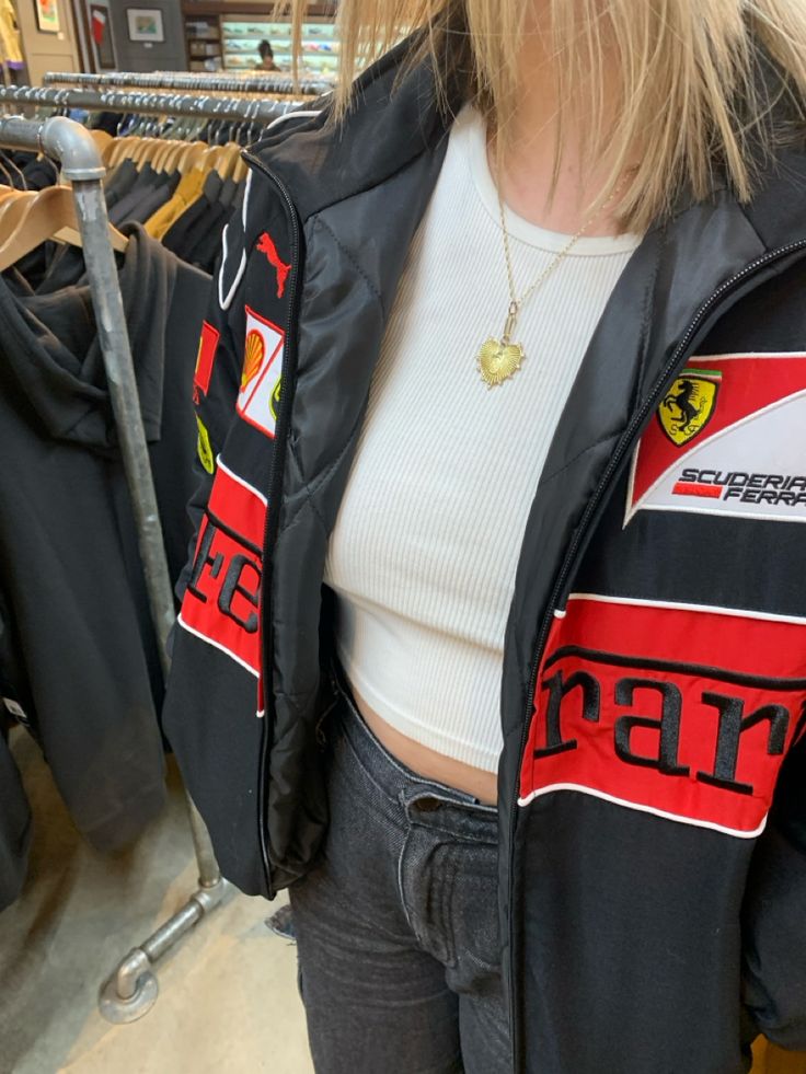 Ootd | sports jacket | race car driver jacket | bomber jacket | ootd | outfit ideas | streetwear | fashion #fashion #aesthetic #racecar #bomberjackets #ootd Vintage Sport Jacket Outfit, Race Car Outfit Aesthetic, Black Ferrari Jacket, Race Car Jacket Outfit, Niki Concert, Racer Jacket Outfit Women, Porsche Jacket, Sports Jacket Outfit, Racing Jacket Outfit