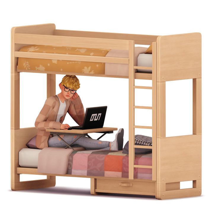 a wooden bunk bed with a woman sitting on it using a laptop computer and holding a mouse