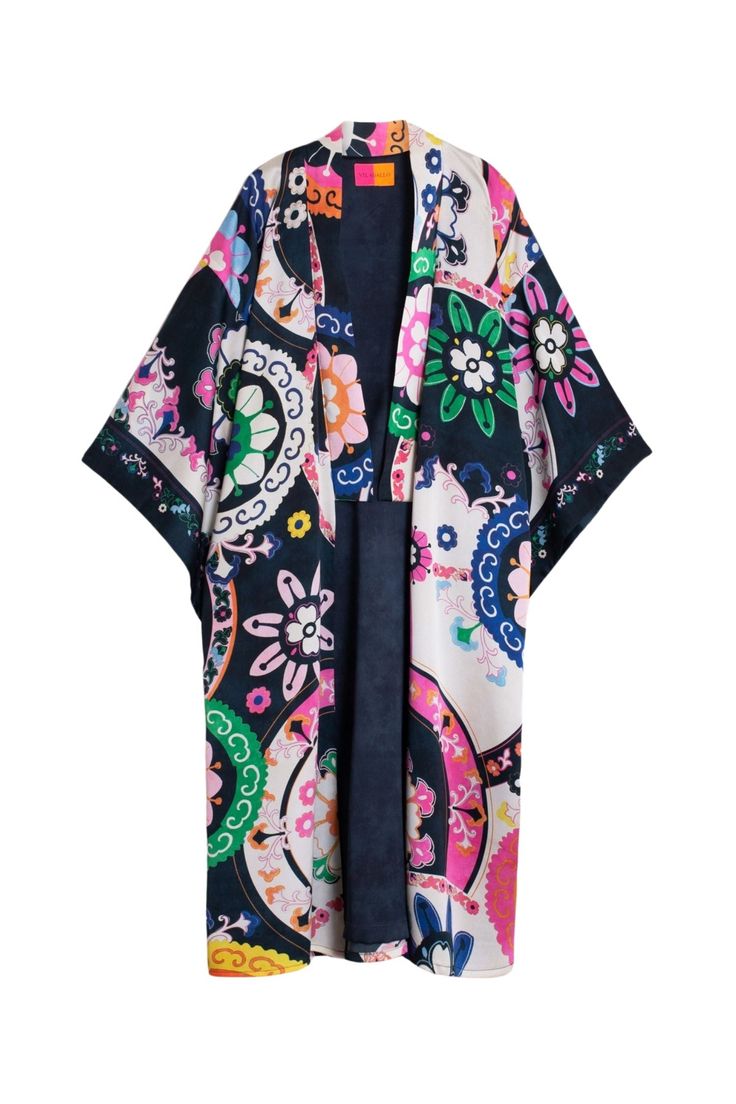 Kimono style coat Colorful flower print Two openings on the sleeves Midi length Satin feel 100% Polyester Luxury Activewear, Style Coat, Print Kimonos, Kimono Style, Crop Top Sweater, New Tops, Kimono Fashion, Kimonos, Long Sleeve Crop Top