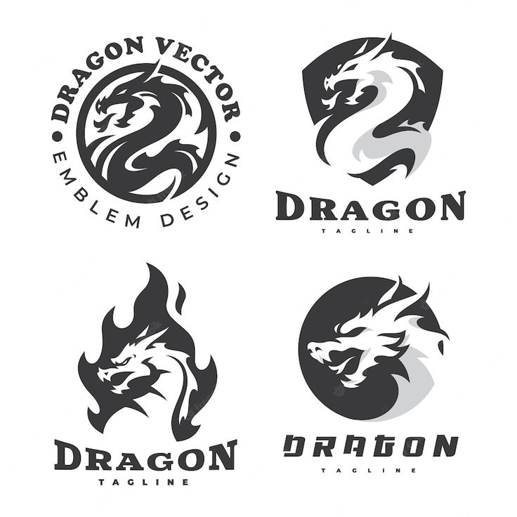 four dragon emblems in black and white with the word dragon written below each one