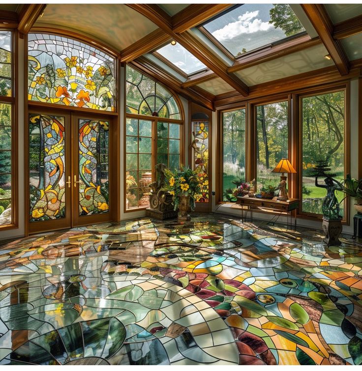 a room filled with lots of windows covered in stained glass and colorful tile flooring