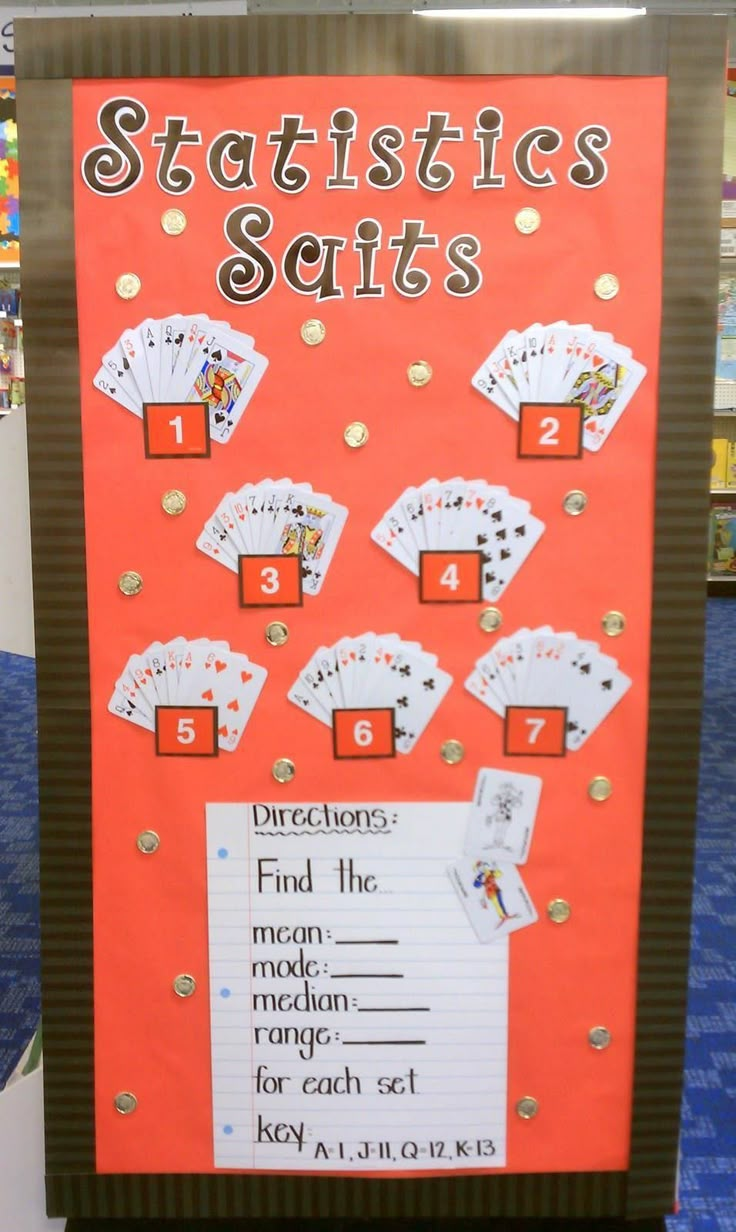 an orange bulletin board with numbers and cards on it that says statistics sets 1 - 2