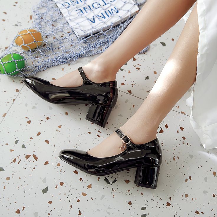 Preppy Style Round Toe Thick Heeled Girls Solid Pumps Women Spring Patent Leather Buckle Straps Mary Mary Jane Shoes White, Shoes White, Leather Buckle, Mary Jane Shoes, Preppy Style, Women's Pumps, Mary Janes, Patent Leather, Buckle