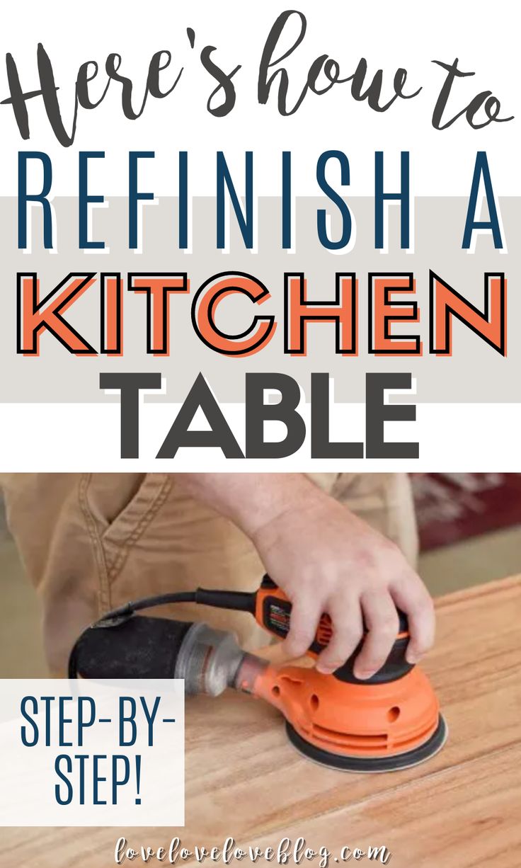 a person using an electric sander on a wooden table with text overlay that reads here's how to refinish a kitchen table