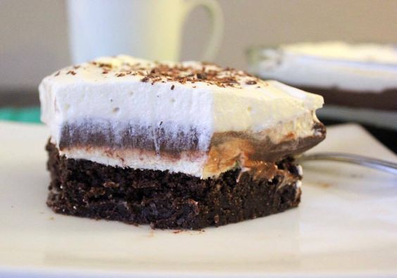 a piece of cake on a plate with a fork and coffee mug in the background