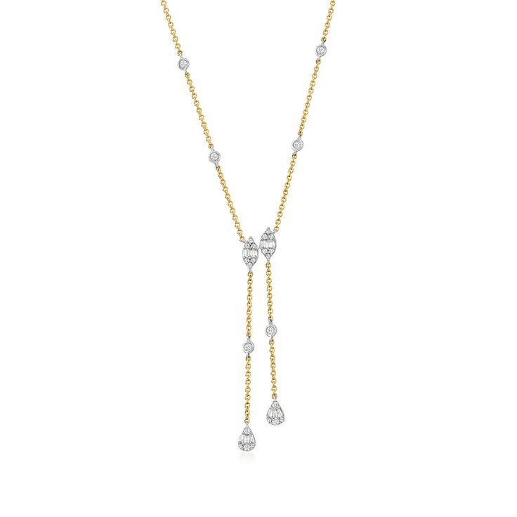 Ross-Simons - .50 ct. t. w. Diamond Y-Necklace in 14kt Two-Tone Gold. 16". An RS exclusive. This classic Y-necklace embraces a modern aesthetic with .50 ct. t. w. baguette and round diamonds that give the look of .94 ct. t. w. marquise and pear-shaped diamond clusters. Set in polished 14kt white and yellow gold. Cable chain includes a 2" extender. Lobster clasp, diamond Y-necklace. Diamond birthstones are the perfect gift for April birthdays. Yellow Gold Single Cut Diamond Lariat Necklace, Yellow Gold Lariat Necklace With Single Cut Diamonds, Timeless Drop Necklace With Brilliant Cut, Fine Jewelry Diamond Backdrop Necklace In Yellow Gold, Fine Jewelry Yellow Gold Diamond Backdrop Necklace, Classic Yellow Gold Drop Necklace, Fine Jewelry Long Drop Diamond Necklace In Yellow Gold, Formal Lariat Necklace With Single Cut Diamonds, Classic Yellow Gold Briolette Diamond Necklace