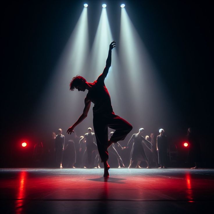 a man standing on one leg in the middle of a dance floor with lights behind him