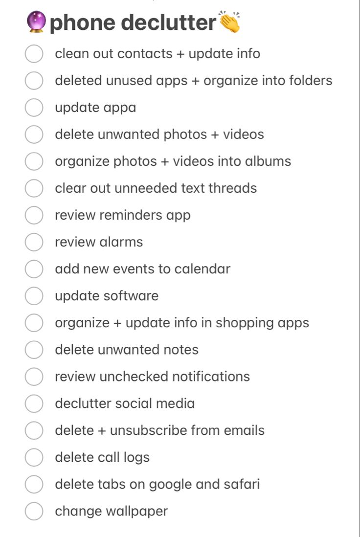 Deep Clean Phone Checklist, Phone Cleanse List, Phone Cleaning Checklist, How To Deep Clean Your Phone, Declutter Your Phone Checklist, Things Ive Done Checklist, Cleaning Out Your Phone, Iphone Declutter Checklist, How To Clean Your Phone Storage