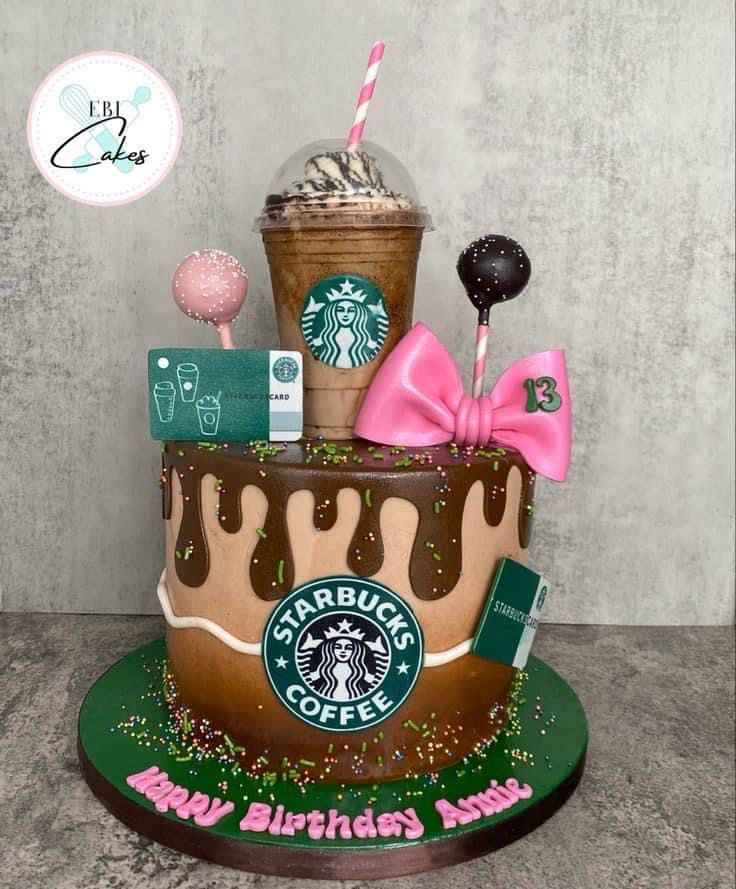 Starbucks Cake Design Ideas, Starbucks Inspired Cake, Starbucks Themed Birthday Cake, Starbucks Bday Cake, Starbucks Cakes Birthday, Starbucks Cake Topper, Pink Starbucks Cake, Wingstop Cake, Shopping Cake Ideas