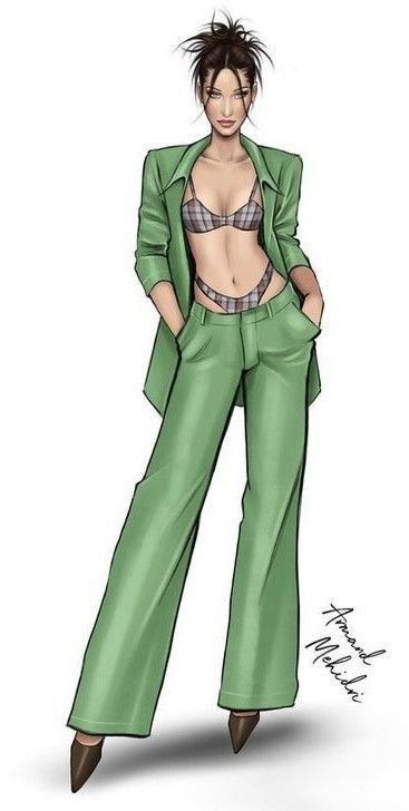 a drawing of a woman wearing green pants and a bra top with her hands on her hips