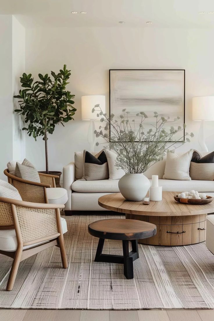 a living room with couches, chairs and a coffee table in front of a painting on the wall