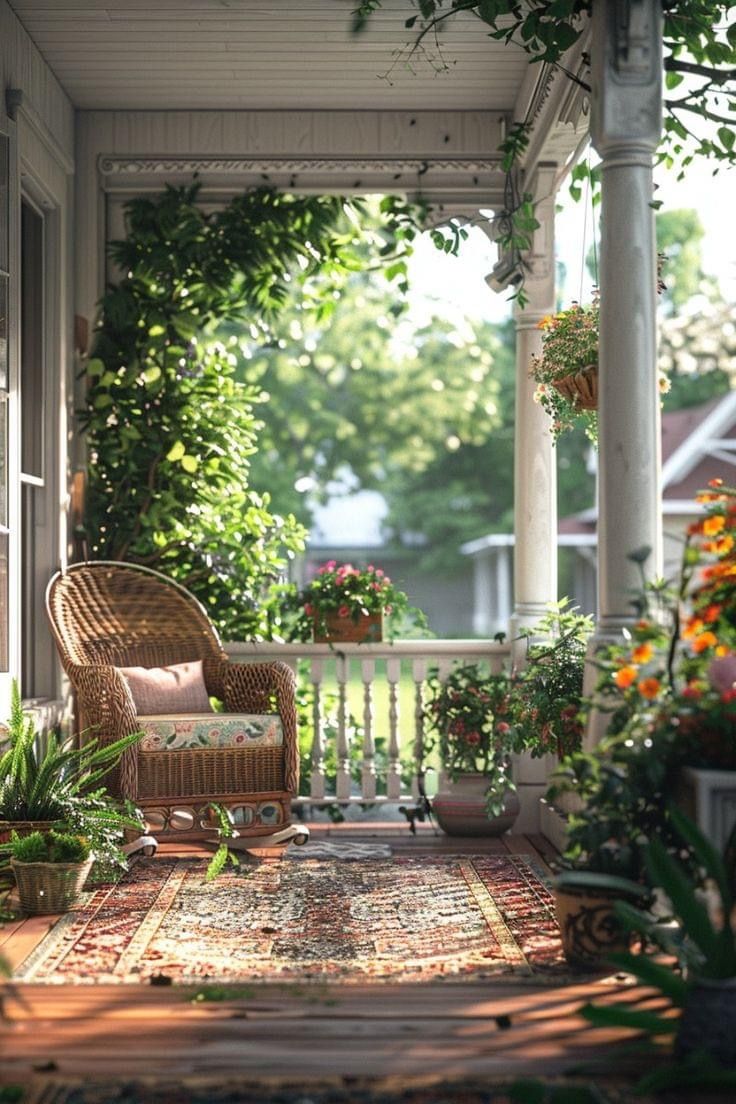 the porch is covered with plants and wicker furniture on it's front porch