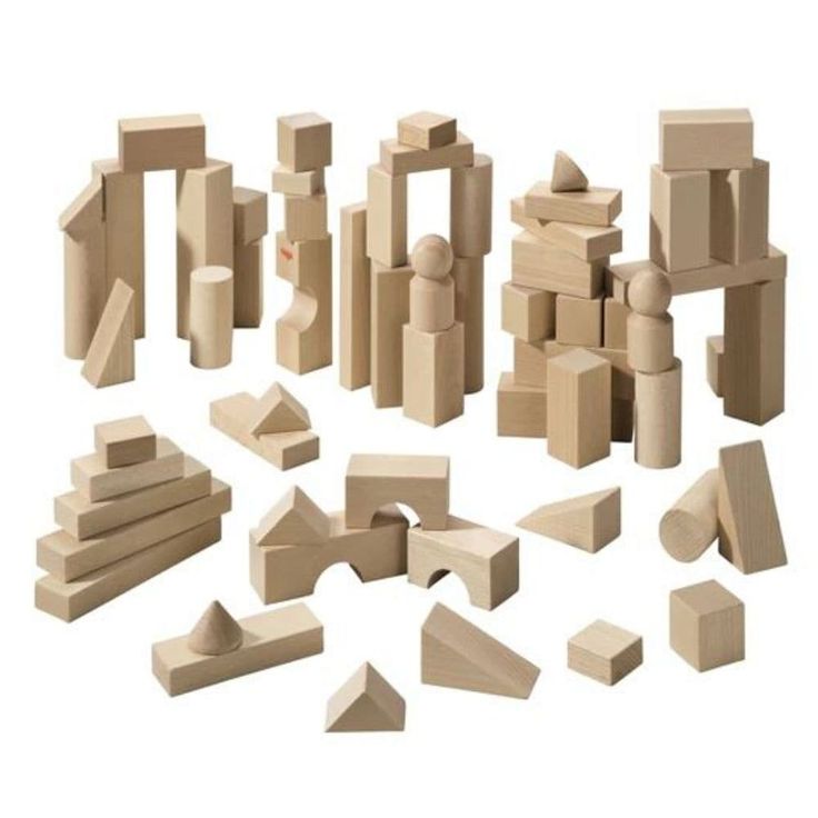 wooden blocks and shapes on a white background