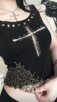 Distress T Shirt Diy, Diy Rhinestone Shirt Ideas, Goth Diy Shirt, Diy Studded Clothes, Alt Tank Top Diy, Sewing Goth Clothes, Gothic T Shirt Design, Affliction Clothing Women Outfits, Goth T Shirt Outfit