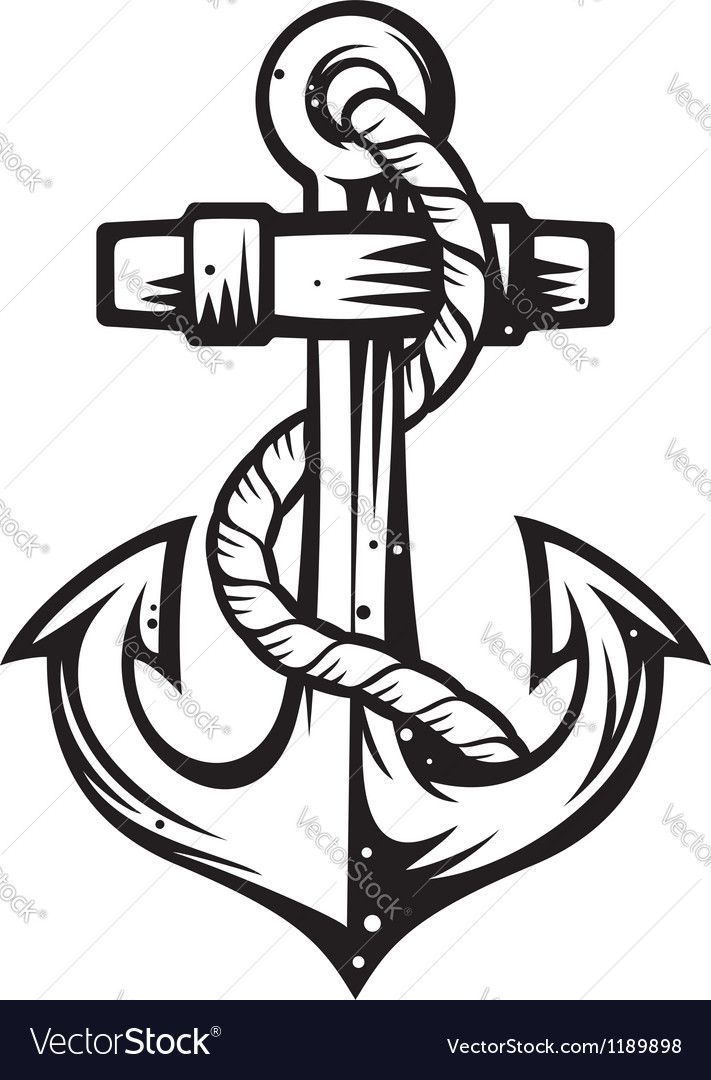 an anchor with a rope on the end is drawn in black and white, as well as