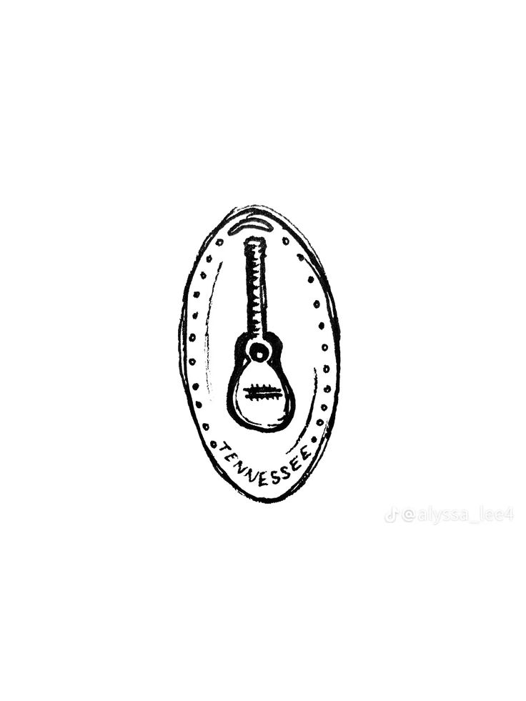 a black and white drawing of an acoustic guitar in a circle with the words,