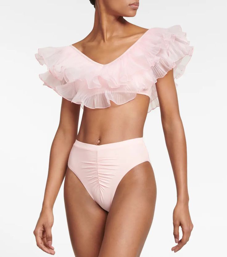 Organza Trimmed Bikini Top in Pink - Giambattista Valli | Mytheresa Ruffled Nylon Beachwear Swimwear, Stretch Ruffle Nylon Swimwear, Stretch Nylon Swimwear With Ruffles, Ruffled Nylon Swimwear, Ruffled Nylon Swimwear For Pool, Pink Polyamide Party Swimwear, Pink Party Swimwear In Polyamide, Spring Evening Beachwear Swimwear, Chic Off-shoulder Ruffled Swimwear