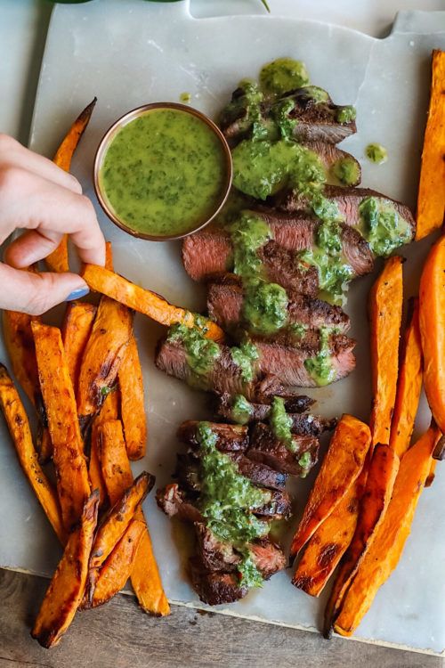 steak and sweet potato fries with guacamole sauce