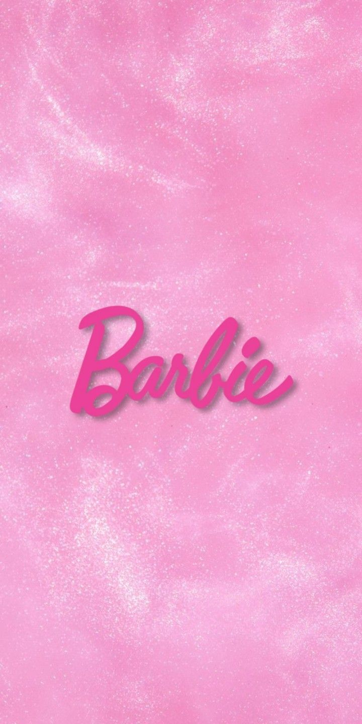 the word barbie is written in pink ink on a pink background with some white spots