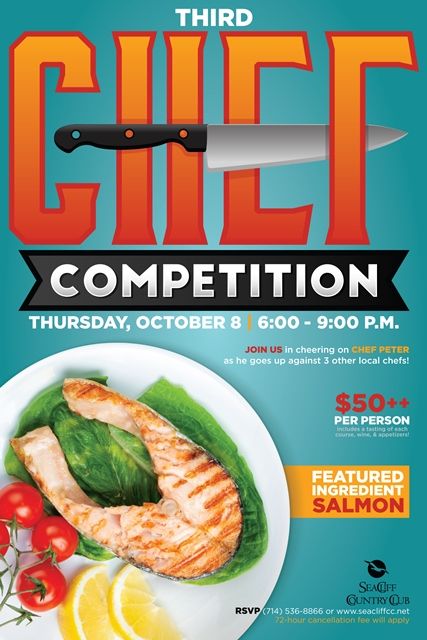 a flyer for a competition featuring grilled salmon and vegetables