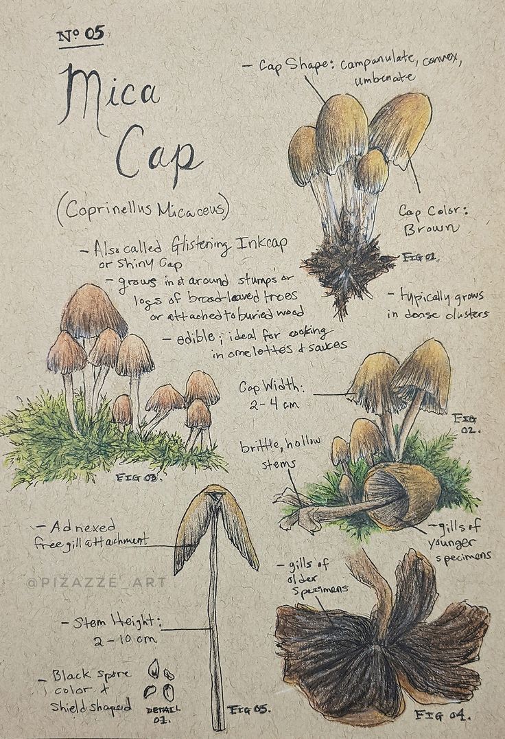 an old book with drawings of mushrooms and plants on the page, labeled in black ink