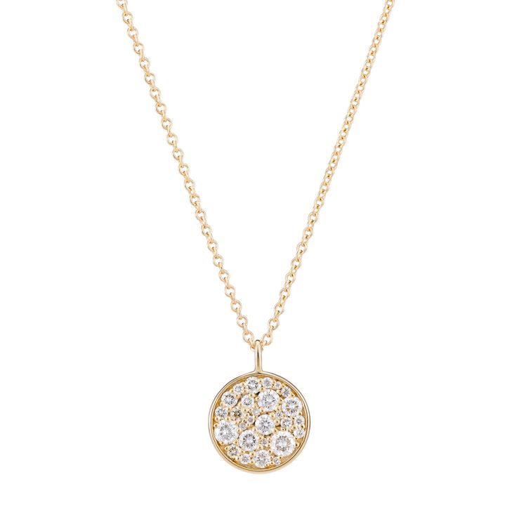 An array of different sized diamond decorates our gold pendant to draw in the viewer's eye from any angle. Easily add radiance to any layered look or sport this necklace alone for an exclusive aesthetic. - Diamonds: features alternating pave diamonds, 0.42ctw- Chain: 1mm cable chain, offered in 16/18" and 18/20"- Ready to ship in 14K gold; available in other metals by request.- The model is wearing 16" for reference. Diamond Necklace With Single Cut Diamonds In Diamond White, Dazzling Diamond White Pendant Necklace, Dazzling Ethical Diamond Round Pendant Necklace, Oval Diamond Pendant Necklace With Rose Cut, Dazzling White Gold Necklace With Rose Cut Diamonds, Diamond Necklace With Round Pendant, Luxury Cubic Zirconia Diamond Necklace With Round Pendant, Pendant Necklace With Pave Setting In Cubic Zirconia, Dazzling Diamond Necklace With Round Pendant