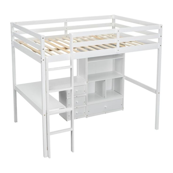 a white bunk bed with drawers underneath it and a shelf below the bed for storage