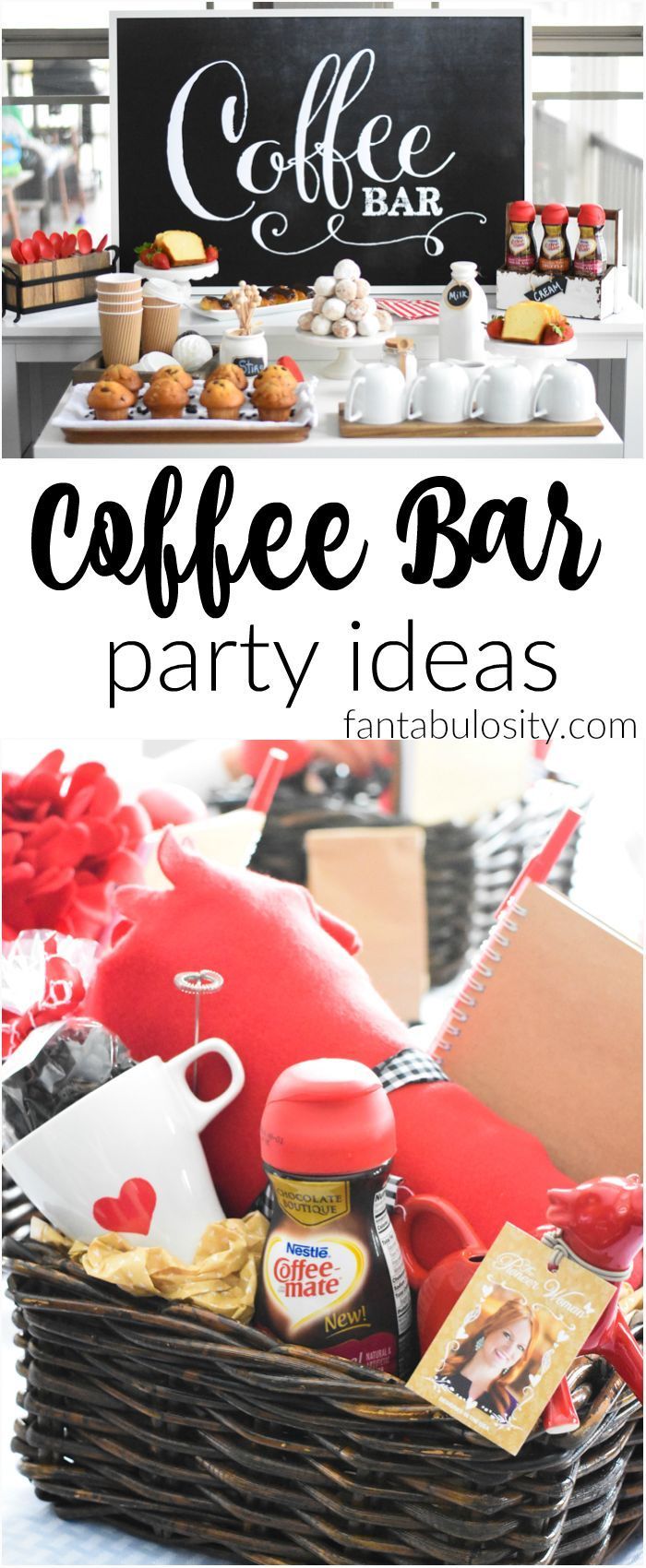 coffee bar party ideas with red and white decorations, including an assortment of items in a wicker basket