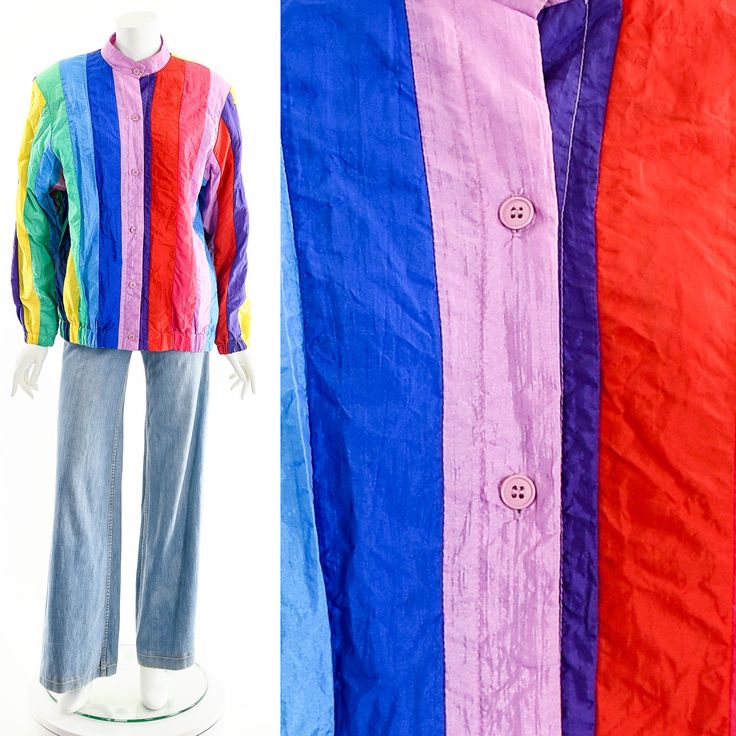 "-Vintage 80's Exceptional Patchwork Quilted Rainbow Jacket by MARGUERITE RUBEL San Francisco -Hand Stitched Multicolored Stripes of Primary Rainbow and Pastel Rainbow Nylon -Bomber Jacket Style and Fit -Mandarin Collar -Button Up Front with Matching Lavender Buttons -Lined in Matching Purple Nylon -Hidden Inseam Pockets Along Side Waist -Long Sleeves -Pink Contrast Stitching -Great Unisex Fit and Look -Rare and Hard-to-Find Statement Coat Perfect for Brightening Up Your Day and Others! Brand/De Bright Jacket, 1940s Suit, Statement Coat, Dress Form Mannequin, Rainbow Sweater, Sweater Fits, Vintage Rainbow, Rainbow Quilt, Dress Form