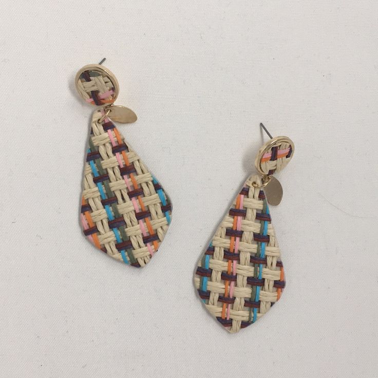 Multicolor Woven Earrings Cream, Blue, Pink, Orange, And Brown. Multicolor Woven Drop Earrings, Multicolor Teardrop Earrings For Spring, Spring Multicolor Teardrop Earrings, Multicolor Casual Earrings For Spring, Casual Multicolor Earrings For Spring, Woven Earrings, Pink Orange, Jewelry Earrings, Women Jewelry