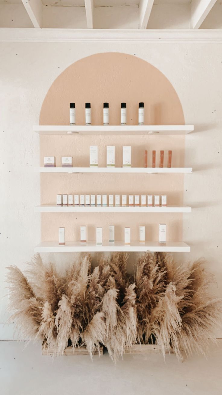 the shelves are filled with different types of skin care products