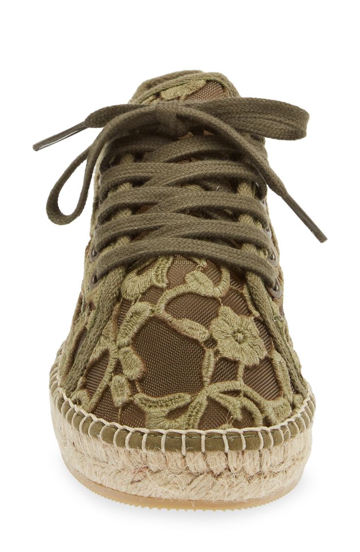 An espadrille-style sole and floral-embroidered lace bring undeniable texture to a versatile sneaker that will take you from special occasions to coffee dates. Lace-up style Textile upper/synthetic and textile lining/synthetic sole Made in Spain Women's Shoes High-top Sneakers With Woven Sole For Spring, Spring Sneakers With Rubber Sole, Summer Lace-up Sneakers, Textile Sneakers With Flat Heel And Laces, Summer Lace-up Sneakers With Laces, Summer High-top Sneakers With Perforated Toe Box, High-top Sneakers With Perforated Toe Box For Summer, Green Spring Sneakers With Laces, Spring Lace-up Sneakers With Rubber Sole