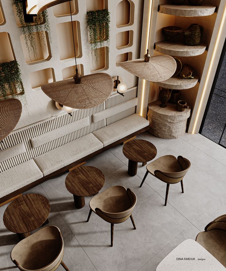 an overhead view of several chairs and tables in a room