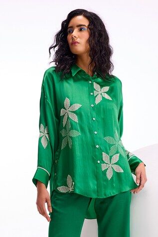 Green boxy shirt with floral embellishments. - Aza Fashions Festive Silk Tops With Printed Motifs, Elegant Festive Shirt With Floral Embroidery, Elegant Floral Embroidery Shirt For Festive Season, Festive Floral Print Silk Tops, Designer Long Sleeve Tops For Festive Occasion, Festive Long Sleeve Designer Tops, Festive Shirt With Floral Embroidery, Green Embellished Long Sleeve Blouse, Embellished Green Long Sleeve Blouse