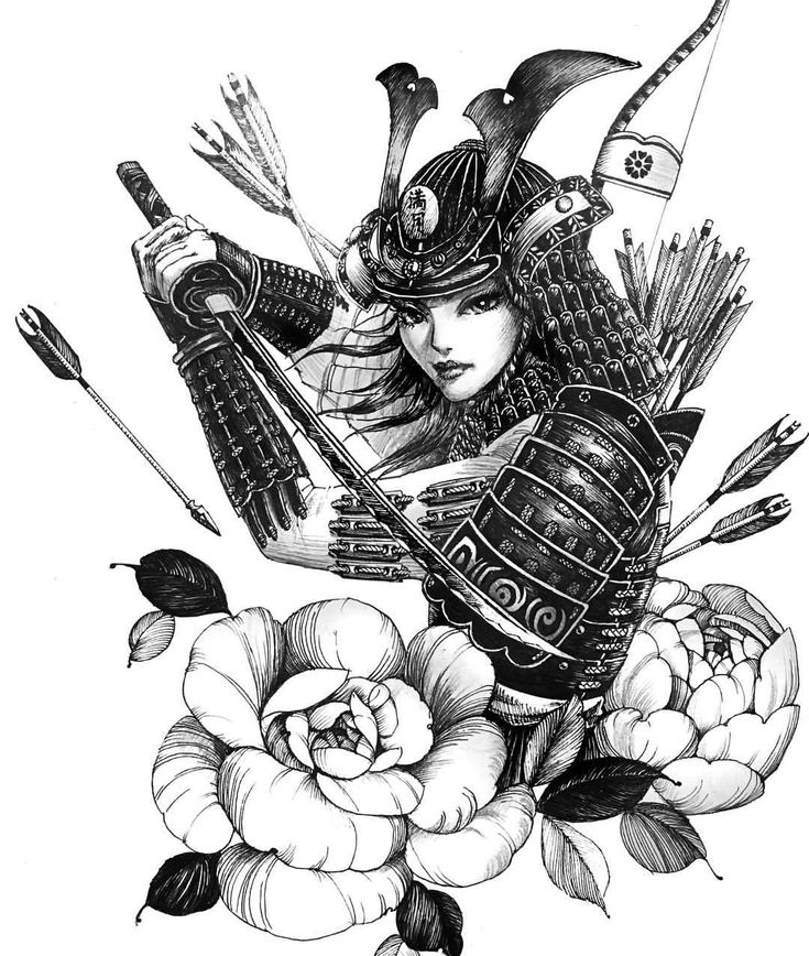 an ink drawing of a woman in armor with flowers and arrows on her head, holding a