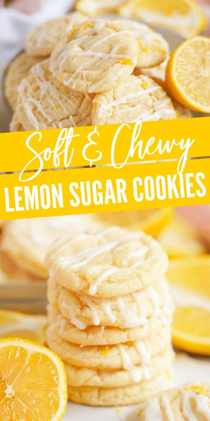 soft and chewy lemon sugar cookies stacked on top of each other next to sliced lemons