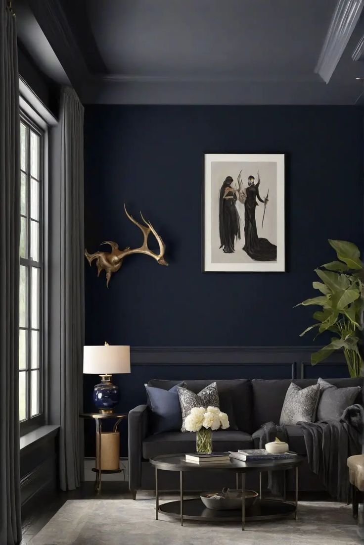 - Living room wall paint
- Sherwin Williams Dark Night
- Wall paint color ideas
- Interior design inspiration Dark Paint On Bottom Of Wall, Monochrome Painted Room, Media Room Dark Walls, Dark Painted Living Room Walls, Sherwin Williams Dark Night Bedroom, Sw Dark Blue Paint Colors, Darkest Blue Paint Color, Blue Color Drenched Room, Dark Paint Living Room Ideas