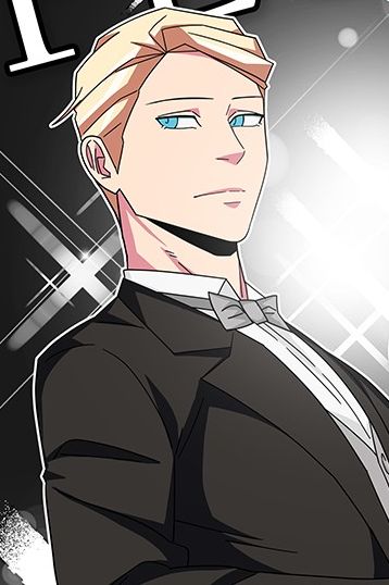 an anime character with blonde hair wearing a black suit and bow tie, standing in front of a dark background