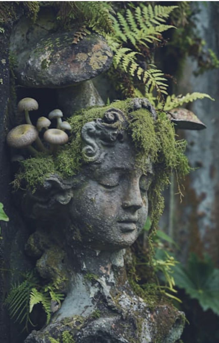 a statue with moss growing on it's head