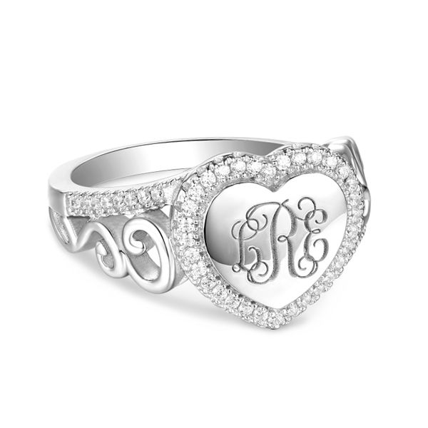 Engraved Heart Sterling Silver Monogram CZ Ring - GetNameNecklace Personalized Crystal Promise Ring, Heart-shaped Initial Promise Ring, Heart Shaped Initial Ring For Promise, Heart-shaped Initial Ring For Promise, White Monogram Initial Ring For Anniversary, Monogram White Gold Promise Ring, White Monogram Ring For Anniversary, White Gold Monogram Promise Ring, Personalized White Initial Ring For Anniversary